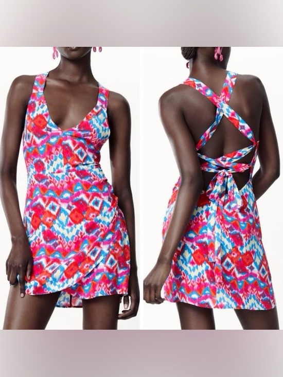 Zara Dresses & Skirts - 🆕 NWT Zara Ikat Print Mini Dress Red Blue Lace Up Back Large